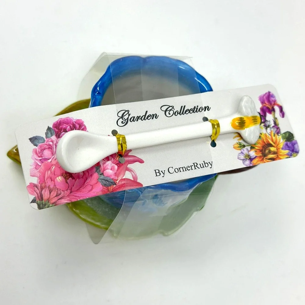 Set of 2 CornerRuby Garden Collection Teacups + Saucer Spoon Blue Red New *Read